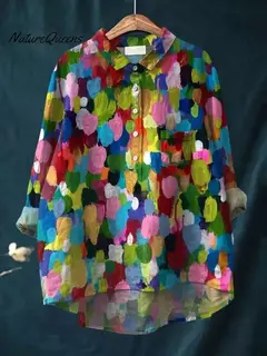 Sardinha de peixe retrô casual feminina arte camisa de bolso manga longa, camisas estampadas estilo havaiano, tops com gola v, verão - loja online