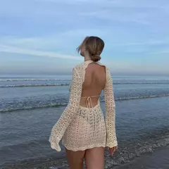 Mini vestido de praia boho sem encosto para mulheres, manga comprida, gola redonda, oco, malha, coberturas de biquíni, férias de verão na internet