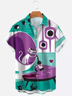 Camisa havaiana dos desenhos animados de anime masculino, Tops de manga curta, roupas casuais masculinas, rua, animais, gatos, retrô, 3D Tees, verão na internet