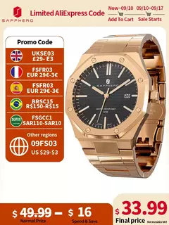 Sapphero ouro rosa para homens relógios octagonais 30m relógios à prova dwaterproof água relógio de quartzo masculino negócios moda relógios para homem watche