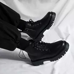 Botas de couro antiderrapante masculinas, dedo do pé redondo impermeável, calçado casual com cordões, sola grossa e sapatos altos confortáveis - comprar online