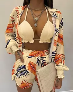 Fato de banho feminino de três peças, moda praia sexy, biquíni de cintura alta, maiô estampado, shorts para cobrir, moda praia de verão, novo 2024 - loja online