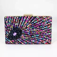 Bolsa acrílica com fecho interligado para menina, bolsa do casamento, pedra multicolorida, corrente de metal, crossbody, ombro, noite, difícil na internet