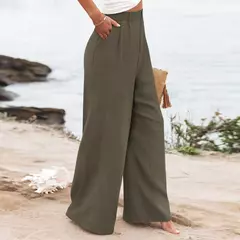 Calça larga de linho de algodão feminina, comprimento total, casual, monocromática, solta, cintura alta, reto, botão, verão - comprar online