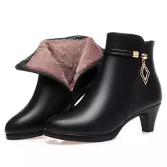 Botas de inverno de couro macio para a mamãe, Sapatos de plataforma pretos eleg