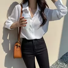 Blusa coreana feminina de chiffon, blusa branca, camisa de fundo preto, roupa de escritório, todos os fósforos, moda, nova, 6830, primavera