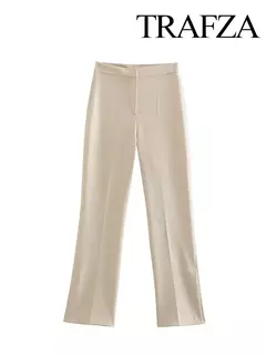TRAFZA-Calças de fenda de perna reta feminina, calças de cintura alta com zíper, bolso traseiro, decoração fina, moda feminina, tricolor, novo - comprar online