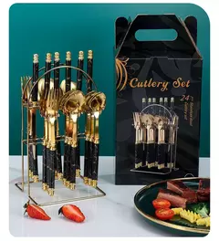 Louça de aço inoxidável com contas duplas, Rack com alça de plástico, faca de bife, garfo e colher, presentes high-end, 24PCs - comprar online