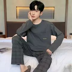 Pijama masculino com gola em o listrado, pijamas de algodão penteado, lounges plus size, outono e inverno, maduro na moda, novo, L a 6XL, 2020 - Wolf Magazine