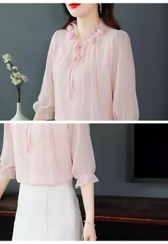 Chiffon blusa com gola pétala para as mulheres, blusa solta e casual, meia manga, gravata borboleta, nova moda, primavera verão, tamanho m a 4xl, 2024 na internet