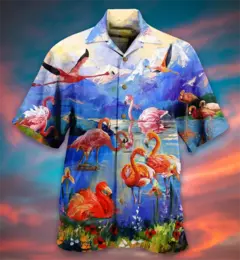 Flamingo desenho animado 3D dos homens camisa havaiana, roupas de praia extragrandes, manga curta, moda, verão, venda quente