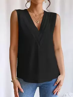 Moda feminina verão novo multi-nível com decote em v cor sólida regata camisa elegante feminino branco sem mangas blusa casual - comprar online