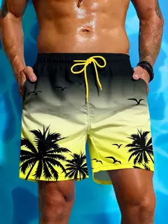 Homens com estampa palmeira com cordão cintura calções de bordo, moda sunga respirável streetwear curto, estampa 3D, férias de verão - loja online