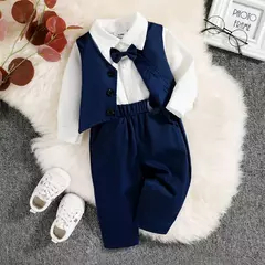 PatPat-Roupas de festa para bebês, gravata borboleta para cavalheiros, camisa de manga comprida, colete sólido com calças suspensoras, 3 peças - Wolf Magazine