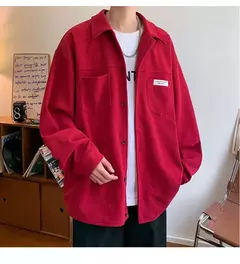 Jaqueta masculina casual de veludo, camisa manga longa, streetwear solta com bolsos, botão pesado para baixo, outono - loja online