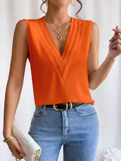 Moda feminina verão novo multi-nível com decote em v cor sólida regata camisa elegante feminino branco sem mangas blusa casual - loja online