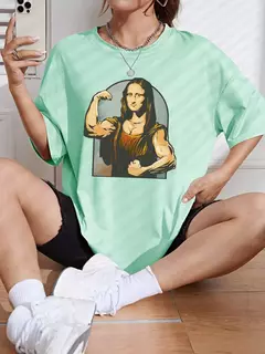 Camiseta de algodão de manga curta feminina, estampa fitness, extragrande, casual, solta, jogando jogadores na Mona Lisa na internet