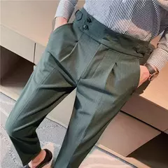Estilo britânico dos homens de cintura alta vestido casual calça masculina cinto design calças finas formal escritório social vestido de festa de casamento terno calças - Wolf Magazine