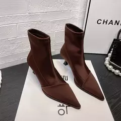 Elegante bota feminina de salto alto fino, dedo apontado de cetim, botins glamorosos elásticos, elegância curta, nova