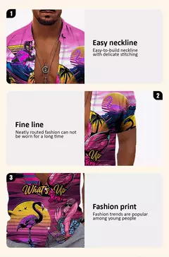 Flamingo desenho animado 3D dos homens camisa havaiana, roupas de praia extragrandes, manga curta, moda, verão, venda quente na internet