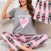 Conjunto de pijama de manga curta feminina, top gola redonda, shorts e calças, lounge wear, roupa de dormir, casual, estampado, 3 peças