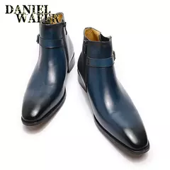 Bota clássica de couro real masculina, botas básicas azuis, sapato de vestido - loja online