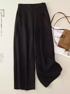 Imagem do Calça de perna larga feminina, cintura alta elástica, algodão e linho, calça casual, calça reta solta, retrô artística, amarela, verão