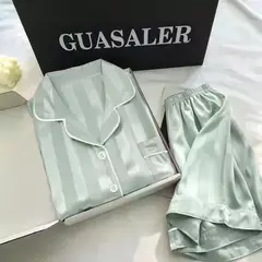 Pijama feminino de seda gelo, manga curta, calça curta, seda de simulação, roupa doméstica, cor sólida, listrado, estudante, conjunto 2 peças, S, L - Wolf Magazine