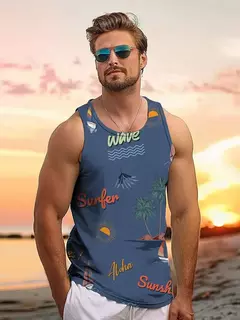 Tops soltos estilo havaiano masculino, colete de férias lazer, viagem ao ar livre, confortável, casual, estampa do sol - loja online