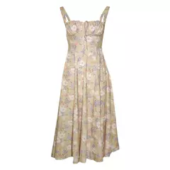 Vestido de verão estampado floral, Laço frontal feminino, Gola quadrada, Vestido de coxa dividido, Cinta de praia, Vestido de noite, Novo - loja online