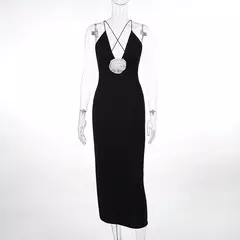 Imagem do Vestido de baile longo com decote em v, sem costas, sem costas, cinta de espaguete, preto, maxi, vestido de noite, flor 3D, verão, 2022
