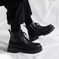 Botas de couro antiderrapante masculinas, dedo do pé redondo impermeável, calçado casual com cordões, sola grossa e sapatos altos confortáveis - Wolf Magazine