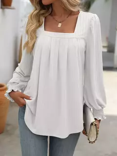 Imagem do Camiseta feminina casual de manga comprida com gola quadrada, mangas folhada, design plissado, tops de pulôver, camisetas na moda