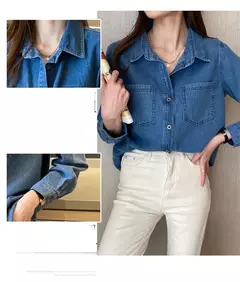 Camisa jeans azul retrô feminina, camisa de manga comprida, jaqueta jeans de peito único, camisas monocromáticas, novo design, outono, 2024 - Wolf Magazine