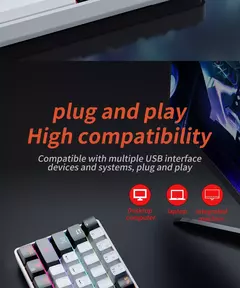 MUCAI-MK61 USB Teclado Mecânico Gaming, Interruptor Vermelho, RGB Backlit, Hot Swappable, 61 Chaves, Com Fio, Cabo Destacável na internet