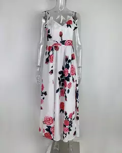 Verão impresso cintura vestido feminino 2024 comércio exterior roupas femininas com decote em v baixo peito festa grande saia vestido de balanço na internet