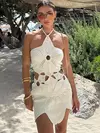 Vestido de cabeçada oco feminino, Sem encosto, Sólido, Mini vestido de praia, Petaling Irregelar de malha, Vestidos curtos, Vestido fino feminino, Sexy