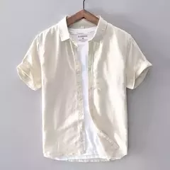 Camisa de linho de algodão manga curta masculina, cor sólida, simples, blusas casuais, tops finos respiráveis básicos, alta qualidade, moda verão