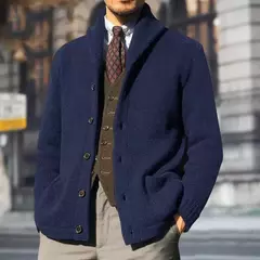 Homens casaco de malha lapela manga comprida bolsos engrossados cardigan camisola masculina outono botões sólidos placket casaco de malha para o trabalho - loja online