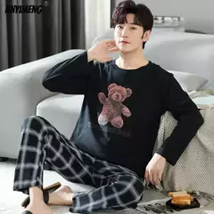 Pijama de algodão estampado urso masculino, calça xadrez manga comprida, roupa de dormir casual, plus size, 4XL, outono, inverno, novo - comprar online