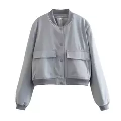 Willshela-Jaquetas bomber monocromáticas femininas, casaco com bolsos, decote em v, peito único, mangas compridas, roupas chiques para senhora, moda feminina - comprar online