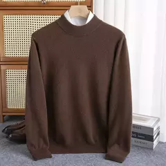 Pulôver de malha de lã de gola meia alta masculino, suéter quente de cor sólida, blusa casual de negócios 100% lã, outono inverno