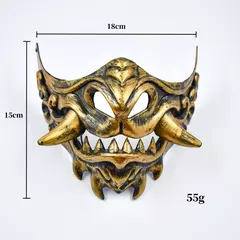 Assustador japonês Oni Demon meia máscara facial com chifres - máscara de látex para cosplay de festa de Halloween, alça ajustável (estilo samurai)