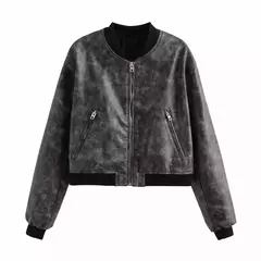 Jaqueta de couro PU feminina, casaco PU, mangas compridas, jaqueta solta, couro gradiente, gola redonda, zíper, locomotiva, curta, lavada - comprar online