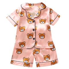 Conjunto de pijama cetim de seda gelo infantil, top e calça, ursinho desenho animado, bebê menina, primavera, verão - loja online