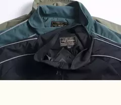 Blusão solto de retalhos masculino com bolsos, jaqueta bomber, zíper listrado, gola alta, impermeável, esportes ao ar livre, casual, outono