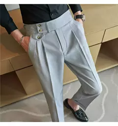 Calça de cintura alta estilo britânico masculina, justa, calça formal de escritório, social, festa de casamento, fato de vestido, calça, casual na internet