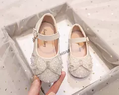 Salto liso da menina com arco pérola e strass, sapatos princesa para crianças, moda, outono