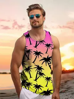 Imagem do Tops soltos estilo havaiano masculino, colete de férias lazer, viagem ao ar livre, confortável, casual, estampa do sol