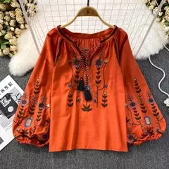 Blusa Bordada Manga Lanterna Longa com Decote V para Mulheres, Moda Casual, Camisas Vintage, Tops Femininos Minoritários, Drop Shipping, Outono - comprar online